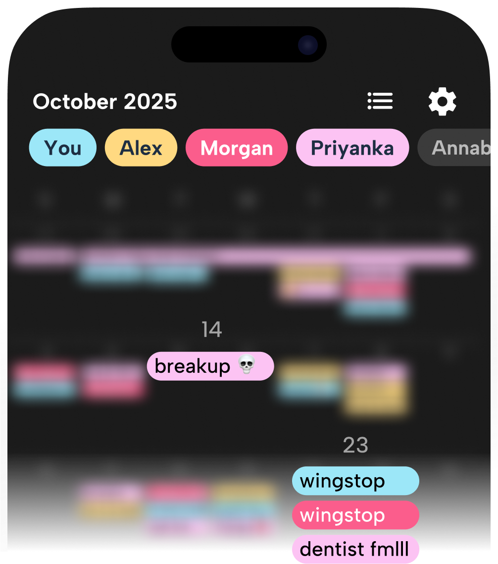 Screenshot of Howbout app showing the shared calendar. Howbout is the shared calendar app made for keeping up with friends.